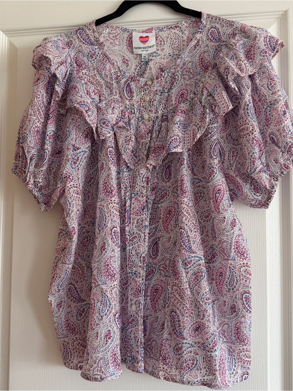 Hester & Orchard Pink Paisley Ruffle Button-Front Blouse